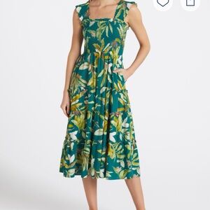 Tropical Green Floral Midi Dress
